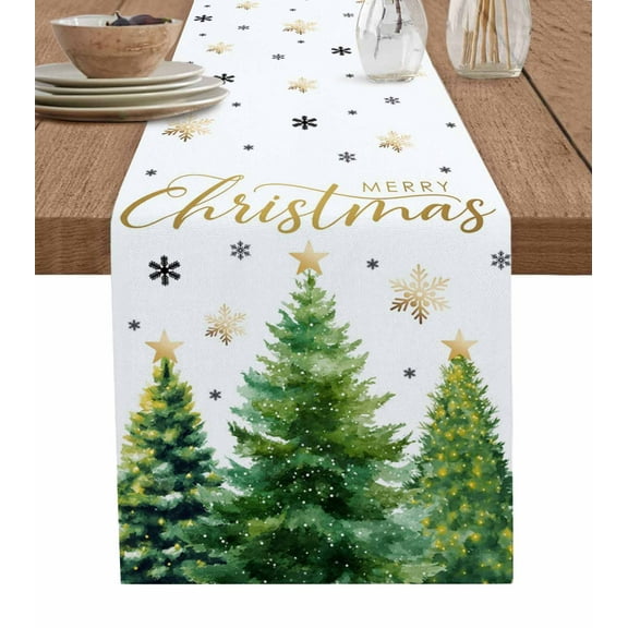 Table Runners 36 Inches Long Dress Scarves, Merry Christmas Tree Farmhouse Kitchen/Dining Table Runner, Short Coffee Tablerunners, Xmas Green Forest Tree Snowflake 13x36 Inch