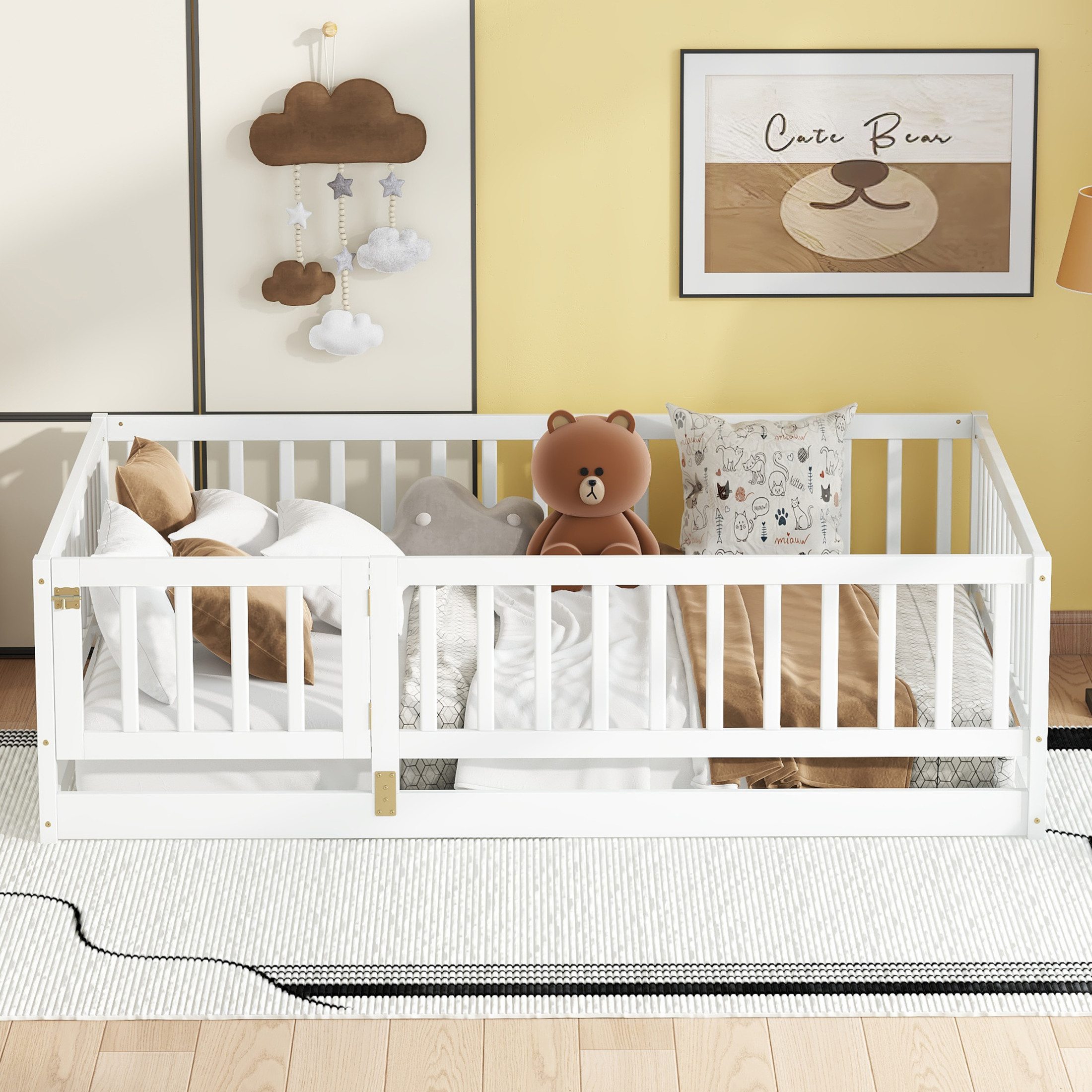 Noble House Full Size Montessori Floor Bed with Fence & Door, Wooden Kids Floor Bed with Slats, White