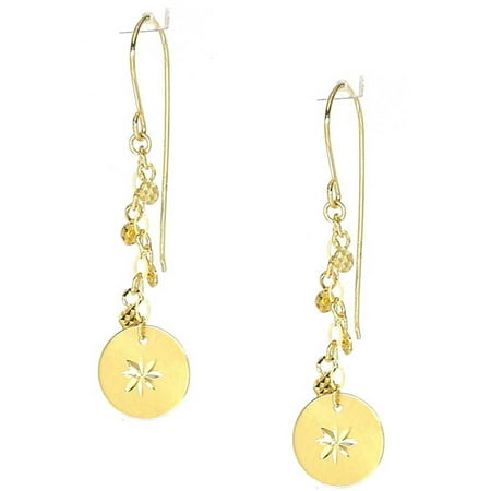 American Designs 14kt Yellow Gold Diamond-Cut Disk Round Circular Dangle and Drop Chain Earrings, French Wire