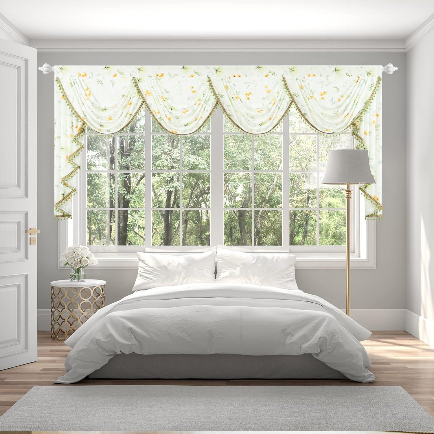 VOGOL Extra Wide Sheer Valance, Plants Print Waterfall Swag Curtains 110x43 Inches for Nursery & Bedroom