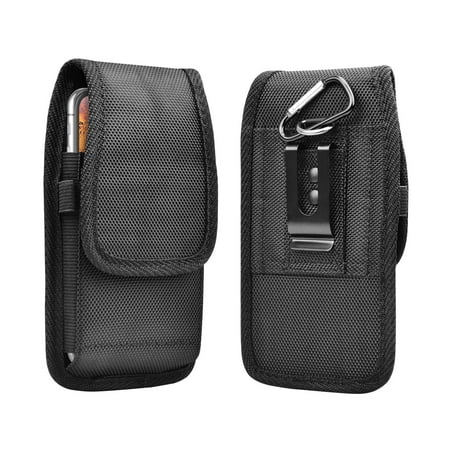 Clip Valuables Pouch - for LG K30 / K40 / K50 / Premier Pro LTE / Harmony 2 / Phoenix Plus Rugged Pouch Case, Njjex Universal Nylon Flap Phone Holster Pouch Metal Belt Clip Case + Carabiner Hook