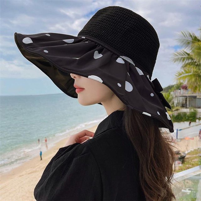 LinYooLi Dot Shading Hat Summer Female Vinyl Bow, Large Eaves Sunscreen Hats