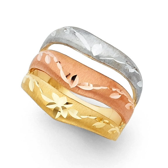 14k Yellow White Rose Gold Semanario Ring Three Band Wide Diamond Cut Style Tri Color 18MM Size 7