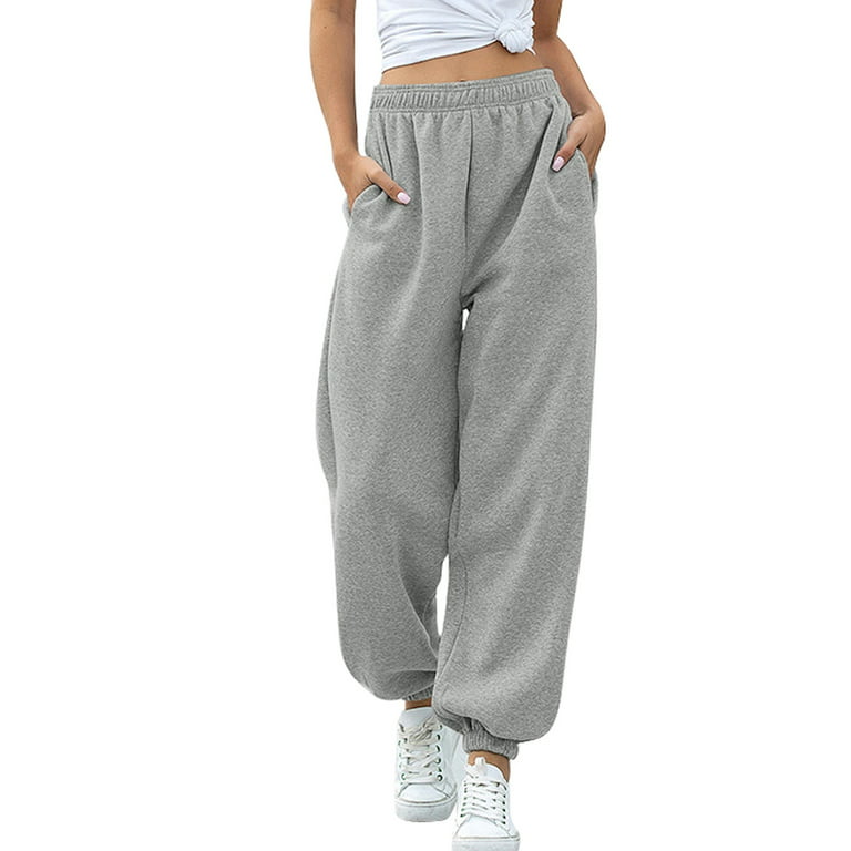 Women’s Solid Color Plush Long Pants, Elastic Waist Jogger Pants