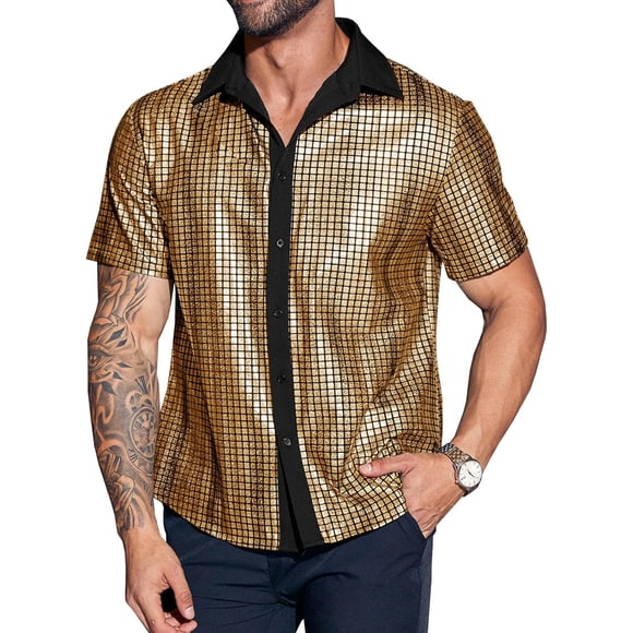 Runcati - Camisa de discoteca para hombre, de manga corta, con botones, clásico, lentejuelas, metálicas, para discoteca, para fiesta