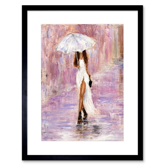 Woman in The Rain with Umbrella Art Print Framed Poster Wall Decor 9x7 inch