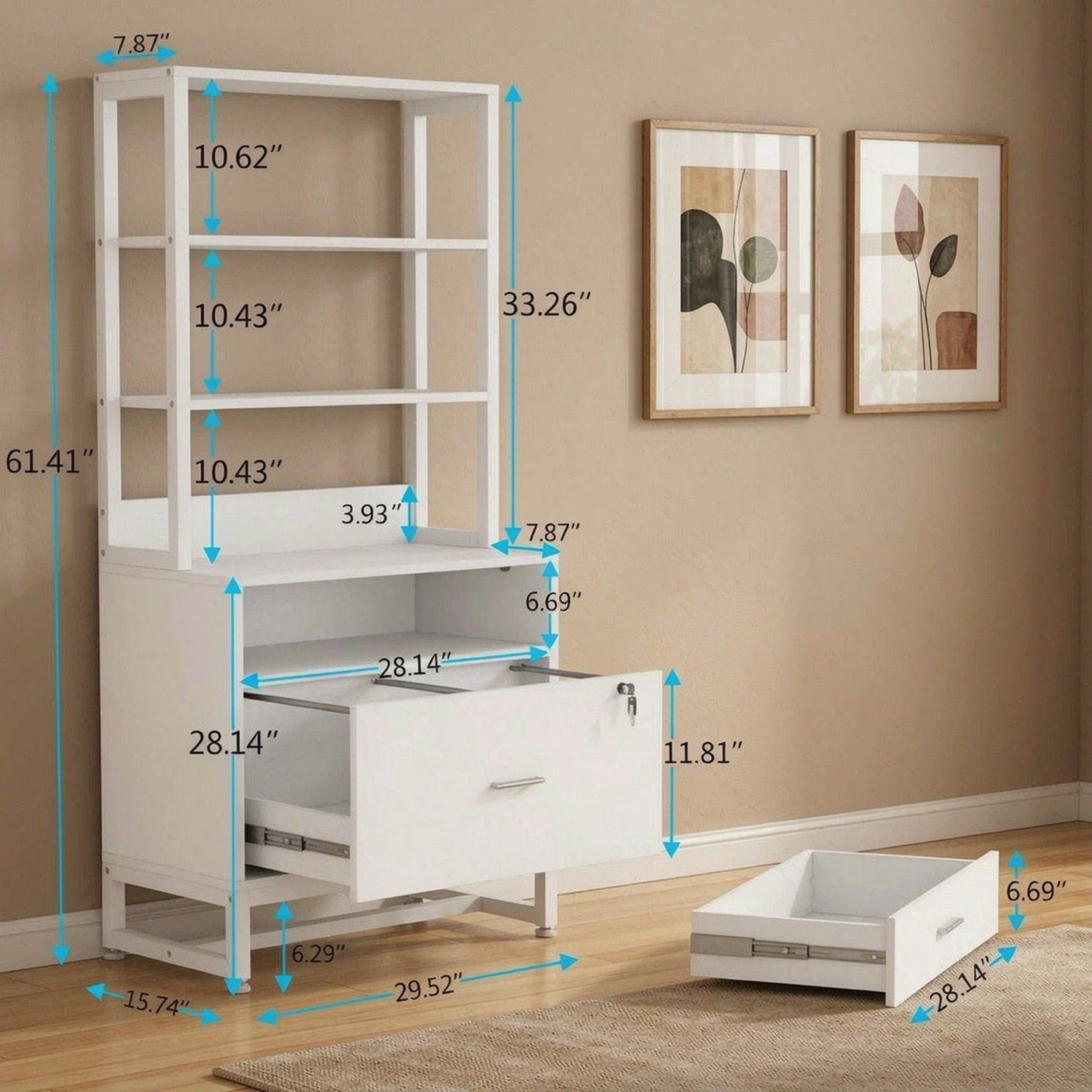 Vertical File Cabinet, 2-Drawer Filing Cabinet with Open Storage Shelves, 38.39 in x 17.72 in x 11.42 in