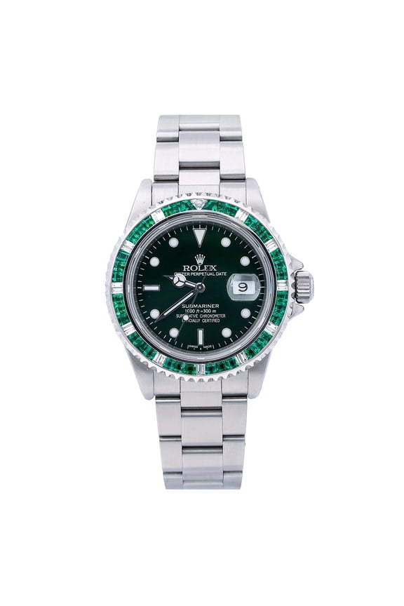 Pre-Owned Rolex Submariner Date 40MM 16800 Green Dial Green Gemstone & Diamond Bezel Stainless Steel Oyster Bracelet