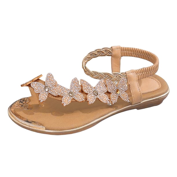 Bmisegm Women's Fashionable Flat Sandals with Rhinestones and Elastic Strap Sandals Sandals Women Summer Rose Gold 8.5
