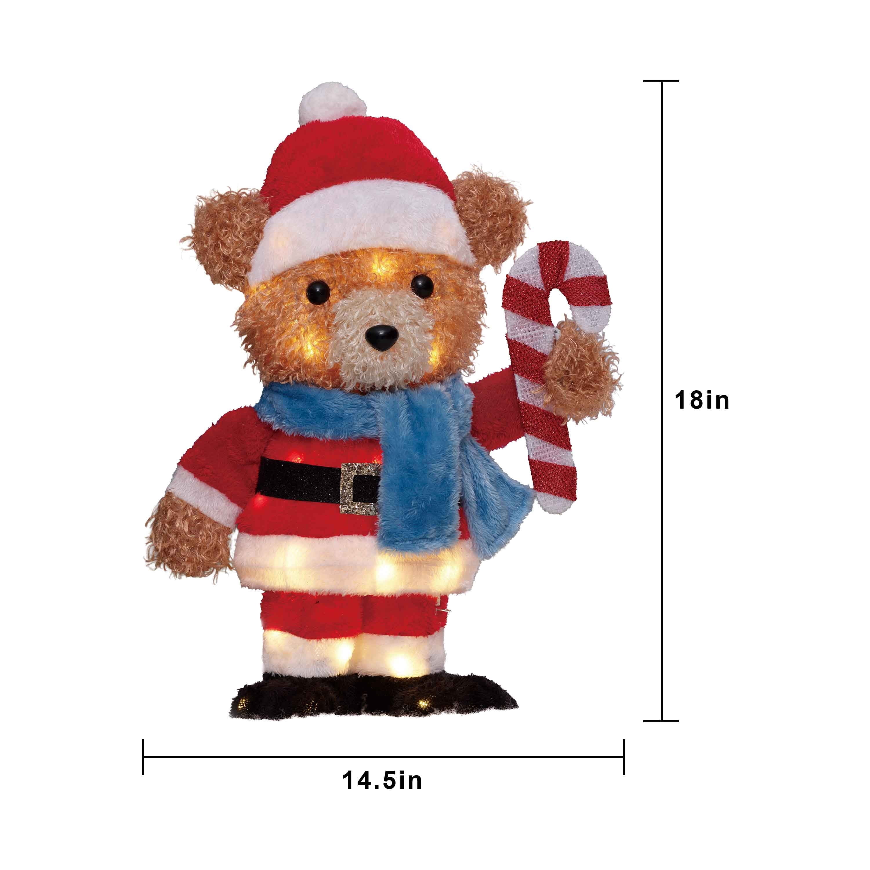 Indoor/Outdoor Light-Up Plush Bear with Candy Cane Christmas Decoration with 30 LED Lights, Warm White, 18", by Holiday Time