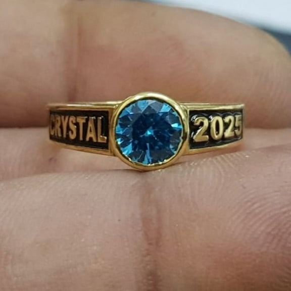 Women Sterling Silver CZ Round GemStone Custom High School Class Ring for College & University Students, Graduation Ring