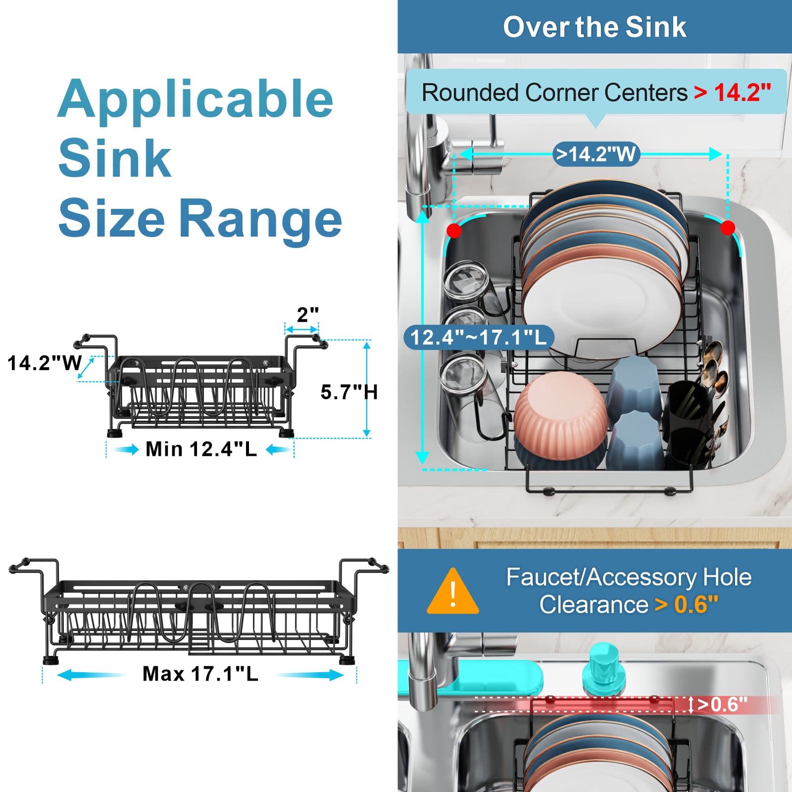 iSPECLE in Sink Dish Drying Rack - Expandable Over Sink Dish Rack with Cup Holder, Dish Drainer for Kitchen Counter with Utensil Holder Large Capacity, Fit 12.4"-18.7" Sink, Black