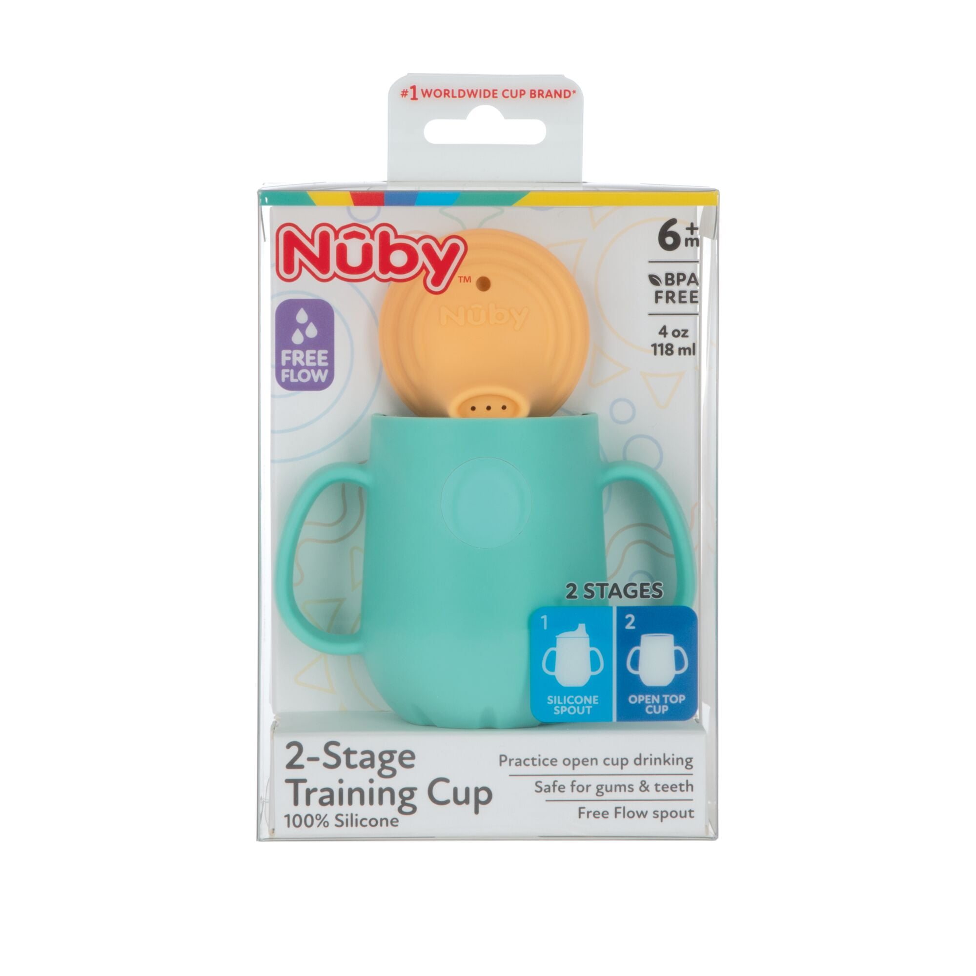 Nuby 2-Stage Silicone Training Cup with Handles and Spout for Toddlers, 6+ months, 4 oz, Blue/Yellow