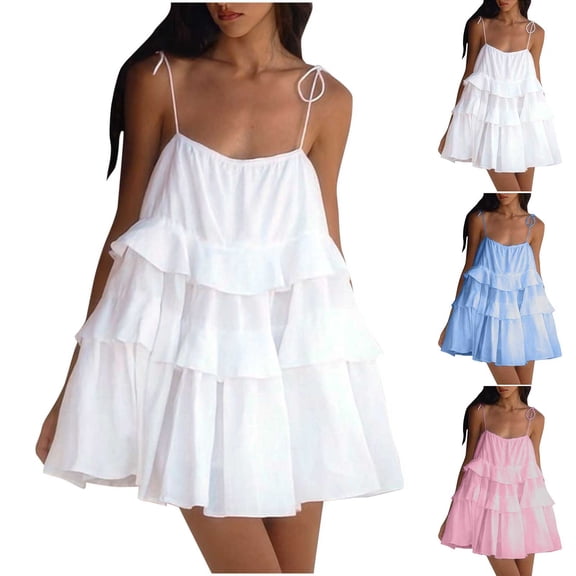 Antinious Women Solid Multi Layer Ruffle Back Spaghetti Straps Soft Comfortable Mini Dress