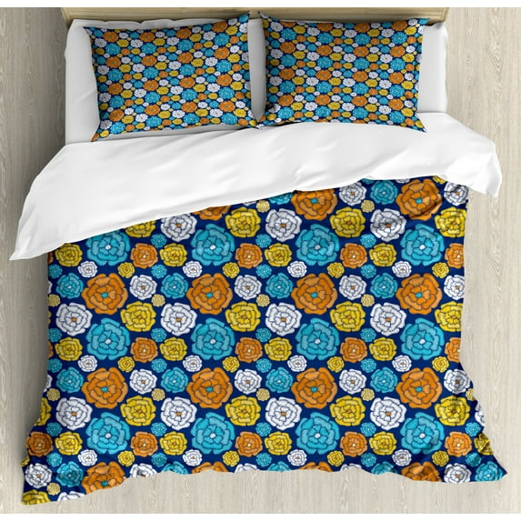Floral Duvet Cover Set King Size, Folk Design Flowers on Dark Background, Decorative 3 Piece Bedding Set with 2 Pillow Shams, Pale Cinnamon Earth Yellow Deep Sky Blue and Night Blue, by Ambesonne