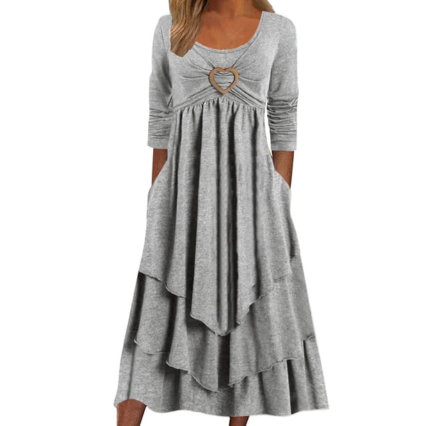 Vestido holgado de manga larga con fruncidos para mujer - Cuello redondo, fluido, poliéster, informal/para todas las ocasiones - S-XXL