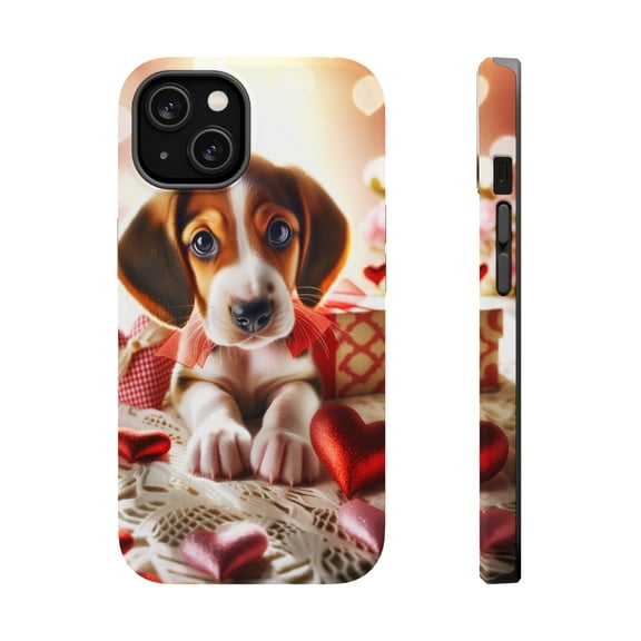 DistinctInk Tough Case for Apple iPhone 15 (6.1" Screen), Compatible with MagSafe Charging - Valentine's Day Treeing Walker Coonhound Puppy