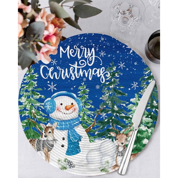 15 Inch Round Placemats Set of 6, Blue Christmas Non Slip Heat Insulation PP Table Mats, Xmas Snowman Pine Trees Elk Snowflake Washable Place Mats for Kitchen Dining Party Table Decor