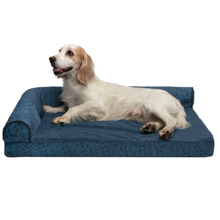 UPC: 0842229128055 | FurHaven Pet Products Plush Fur & Almond Print Memory Top Deluxe L-Chaise Sofa-Style Pet Bed for Dogs & Cats – Blue Almonds Large