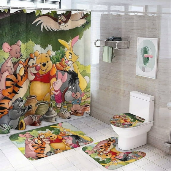 4 Piece Shower Curtain Set with Rugs Winnie The Pooh Shower Curtain Bathroom Sets Decor Waterproof