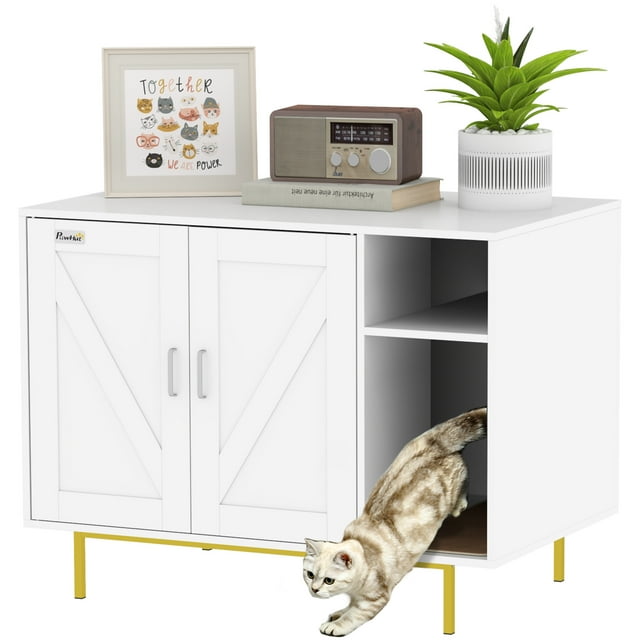 PawHut Cat Litter Box Enclosure with Scratching Pad, Storage, White