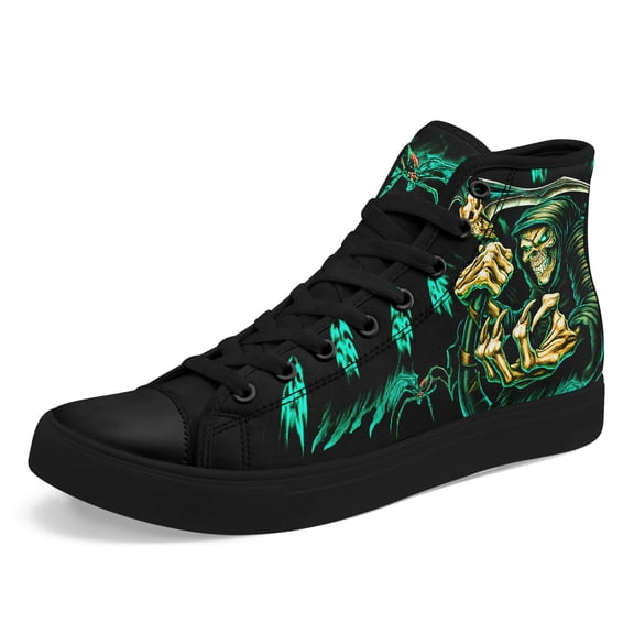 Coolcustomize Men's Plus Size Neon Grim Reaper High-Top Sneakers - Women's Gothic Streetwear Couple Shoes with Neon Accent - Travel & Parties - Lace-Up Gothic for Daily Wear - Ideal Gift for Festival