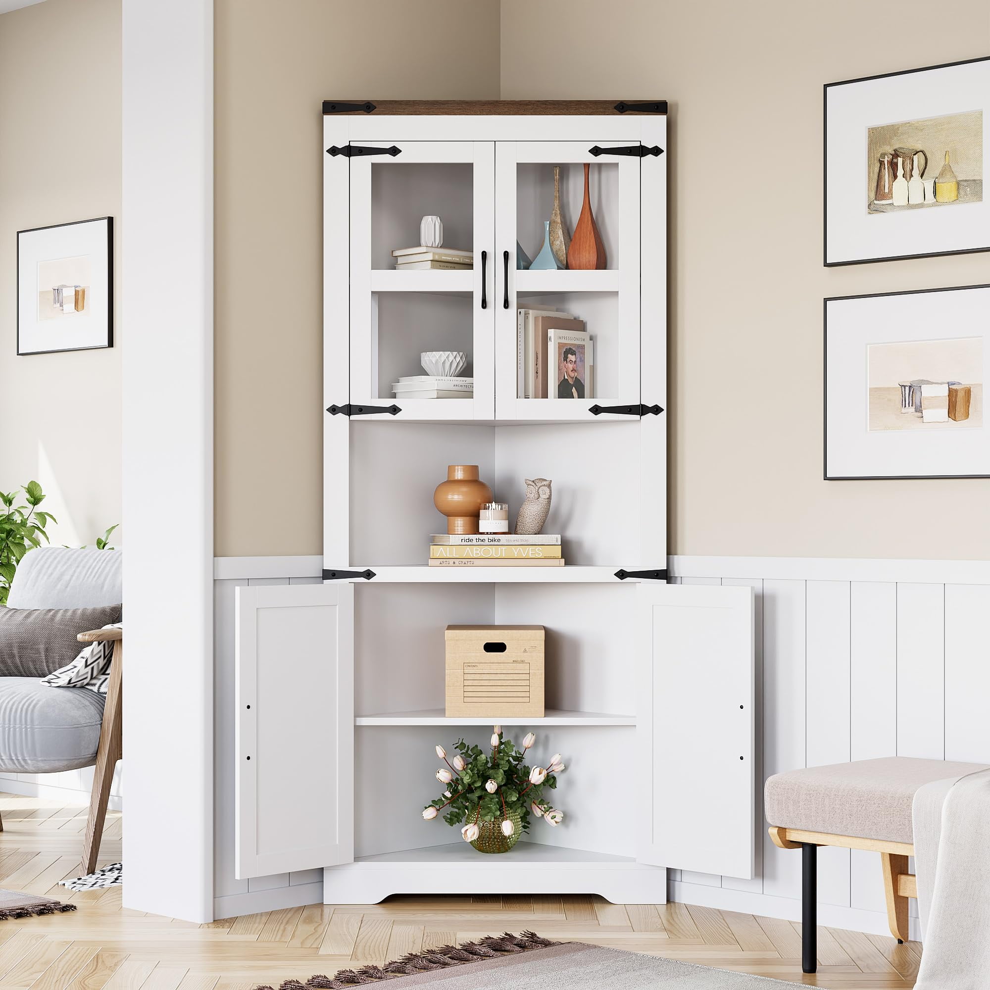 Farmhouse Corner Cabinet, Tall Corner Cabinet with Barn Door & Adjustable Shelves, Corner Storage Cabinet for Living Room, Kitchen, Bathroom