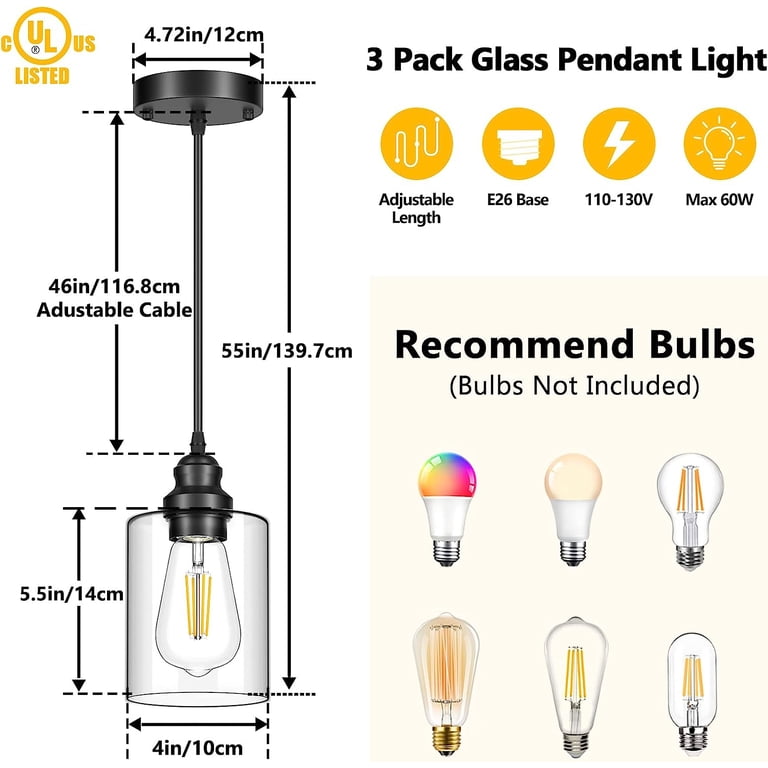 Pynsseu 3-Pack Black Pendant Lights with Clear Glass Shades photo 7