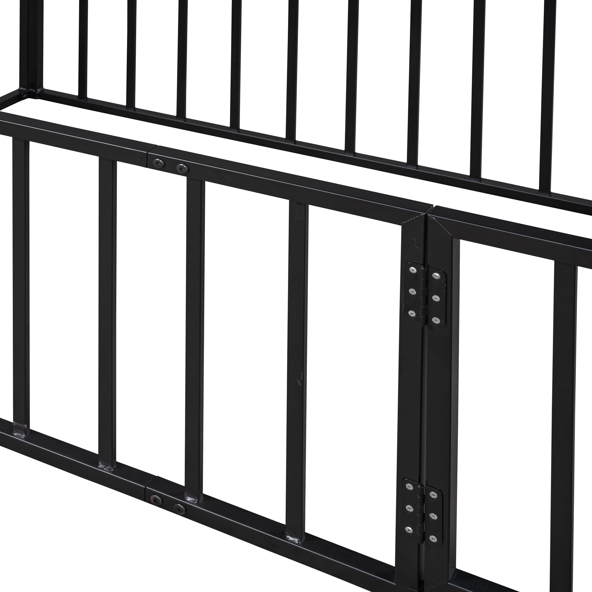 Aukfa Twin Size Metal Bed Frame with with Fence and Door, Floor Bed for Kids Toddler, Black