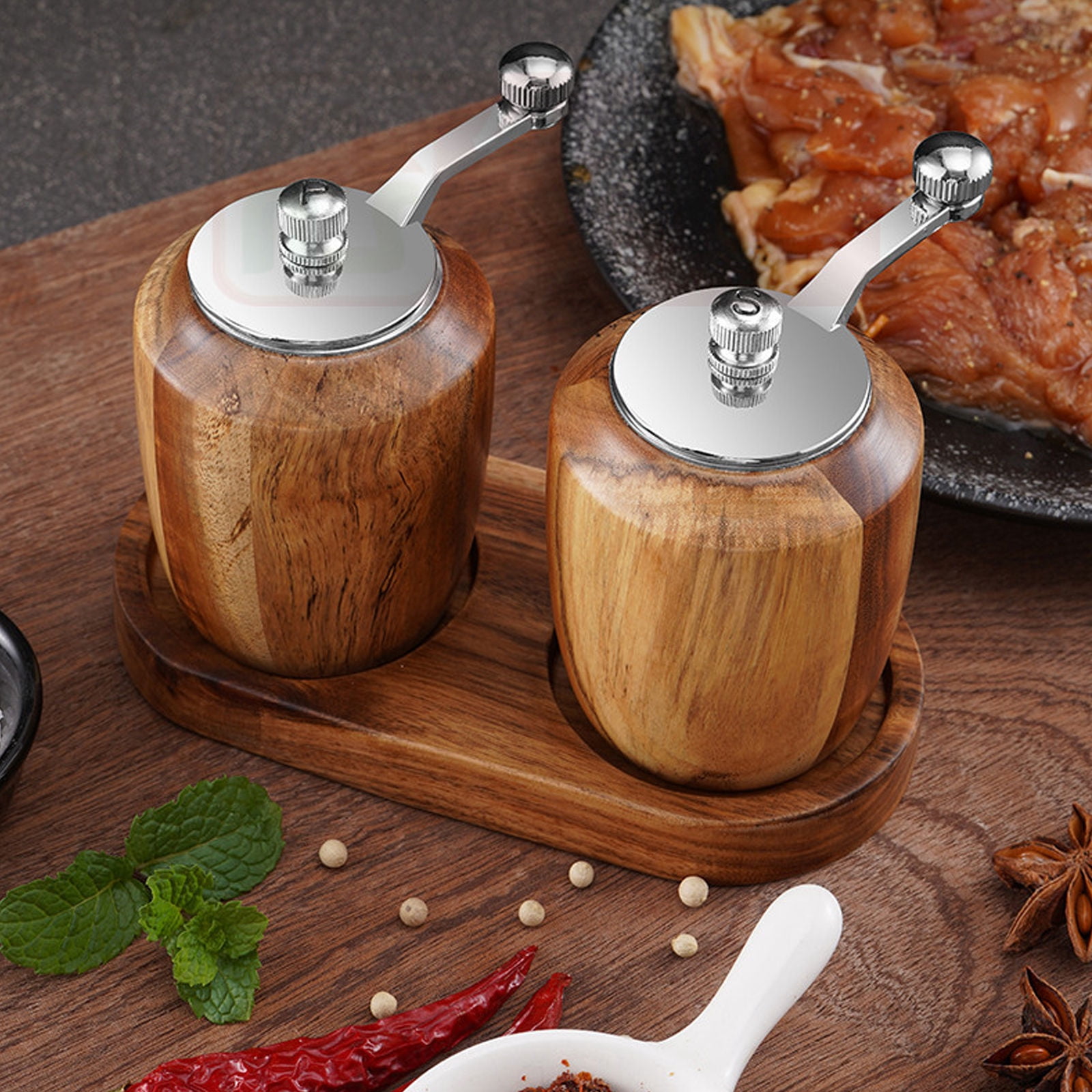Wooden Pepper Mill Grinder With Metal Crank Handle,Hand Shake Wood Pepper Grinder With Ceramic Core,Refillable,Enjoy Fresh Ground Pepper And Various Spices--primary color