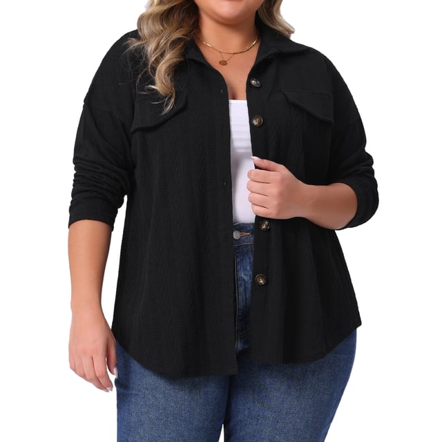 Camisas de mujer de talla grande Agnes Orinda, con botones, solapa texturizada, chaquetas de manga larga, tops casuales con decoración de bolsillo 3X negro