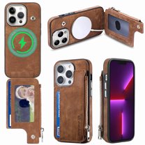 for iPhone 13 Pro Zipper Wallet Case with Card Holder, Back Flip Folio PU Leather Card Slots Case for Men Women, Magnetic Wireless Charging Shockproof Cover for iPhone 13 Pro 6.1", Brown
