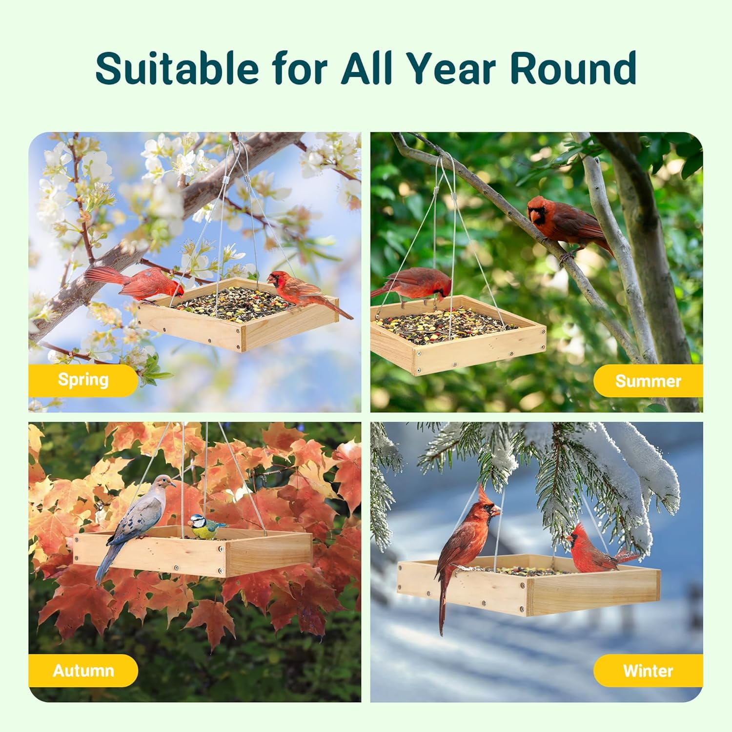 Platform Bird Feeder for Outdoor, Eco-Friendly Wood Hanging Tray Bird Feeders，Durable and Stable Great for Hanging Wild Birdfeeder Trays in Garden Outdoors, Install Required