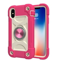 for iPhone X, iPhone XS Case with Ring Stand, Heavy Duty Military Grade Rugged Shockproof Silicone Rubber Magnetic Kickstand Holder Case for Women Girls For iPhone X/XS, Rose
