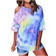 thumbnail image 2 of Abcnature Womens Tie-Dye Printed O-Neck Off-Shoulder Short Sleeve Tops T-shirt Blouse Blue L, 2 of 6