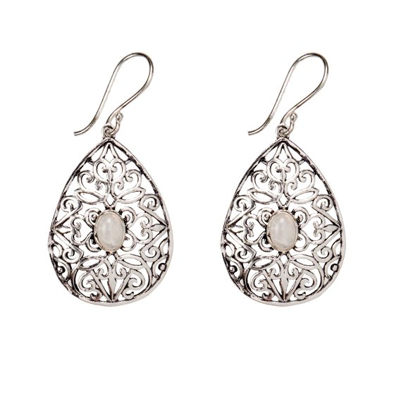 Silver Brass Moonstone Gemstone Filigree Teardrop Dangle Earrings