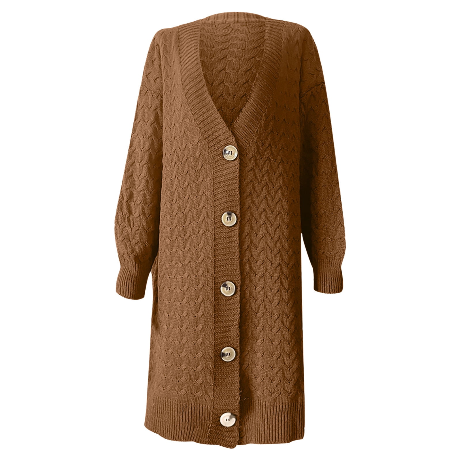 Womens Long Sweater Cardigans Chunky Cable Knit Button Down Baggy Jackets Mid Length Outerwear with Ribbed Details (XL, Brown) - image 3