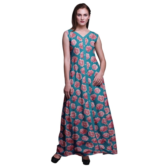 Bimba Robe Anarkali Fleurie Bleu Sarcelle Col Mandarin Sans Manches Kurtis pour Femmes Imprimé Robe Maxi Très Grande