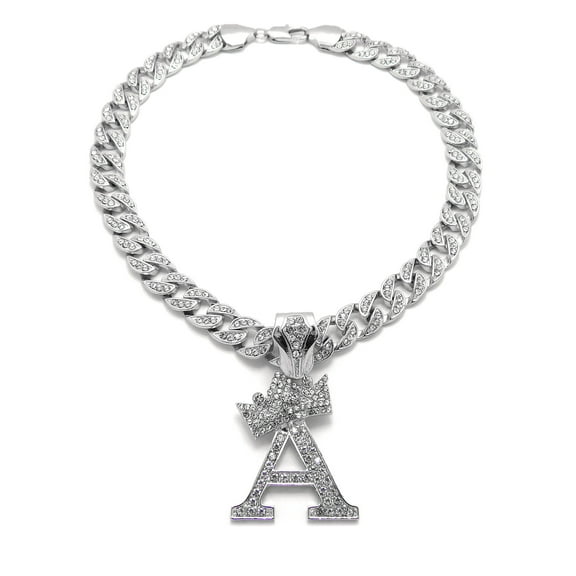 iJewelry2 Kings and Queens Crowned Initial Letter A Crystals Pendant Silver-tone Cuban Linked Chain Necklace