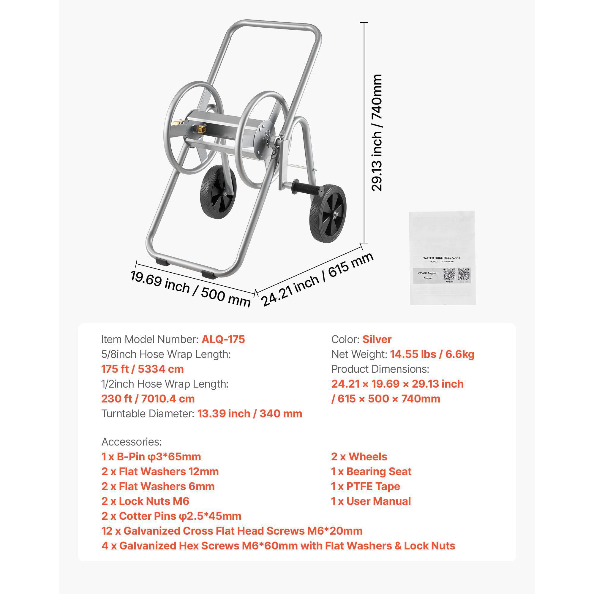 Heavy Duty Garden Hose Reel Cart with Wheels Holds 175 ft of 5/8 Inch Hose Outdoor Yard Lawn Mobile Tool Powder Coated Steel