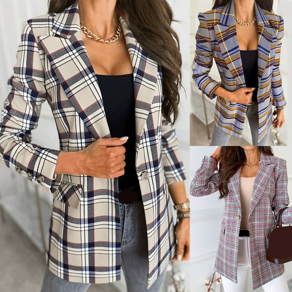 DDAPJ pyju Women's Casual Business Plaid Blazer Notched Lapel One Button Open Front Long Sleeve Blazers Office Work Suit Jackets with Pockets Blue M