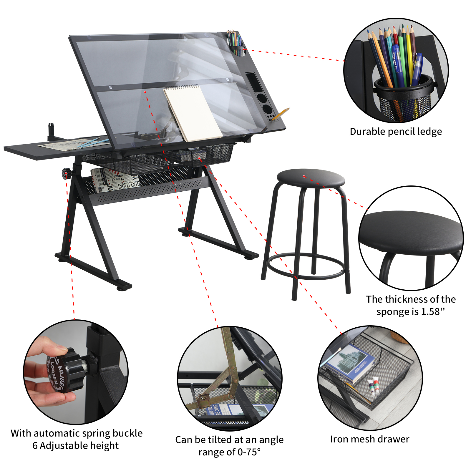 KAAYEE Height Adjustable Glass Drafting Desk Artist Drawing Table ...