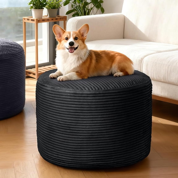 Round Corduroy Ottoman Foot Rest Pouf for Living Room Couch - Soft Plush Shredded Foam Filled Hassock Stool, Comfy Footstool