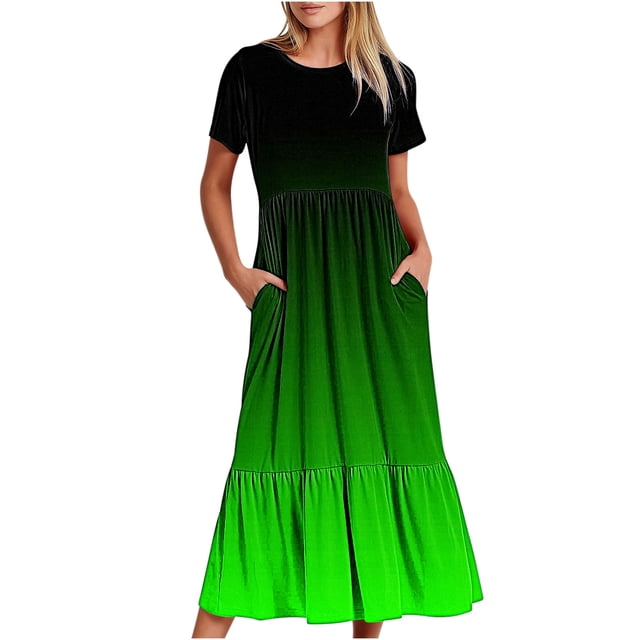 Penkiiy Robe à Manches Courtes pour Femmes à Imprimé Dégradé, Ample, Unie, Décontractée, d'Été, Fluide, à Étages, Longue Maxi avec Poches, G Vert