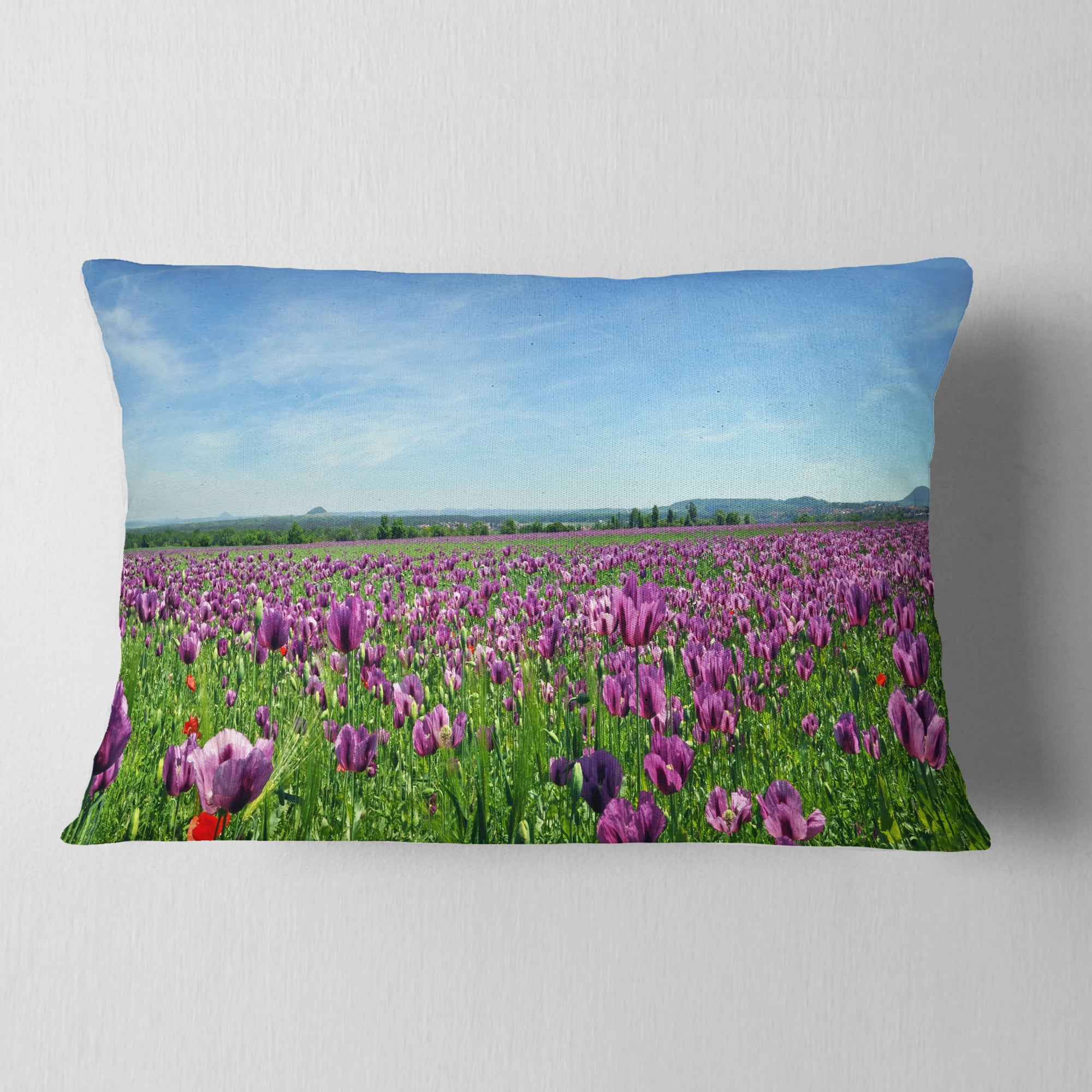 Designart Purple Poppy Field Panorama - Floral Throw Pillow - 12x20