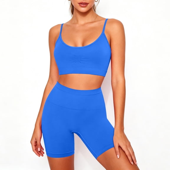 Mafeati Womens 2 Piece Workout Sets Sports Bra Camisole Tops Biker Shorts Athletic Yoga Gym Outfits Set, Blue, L