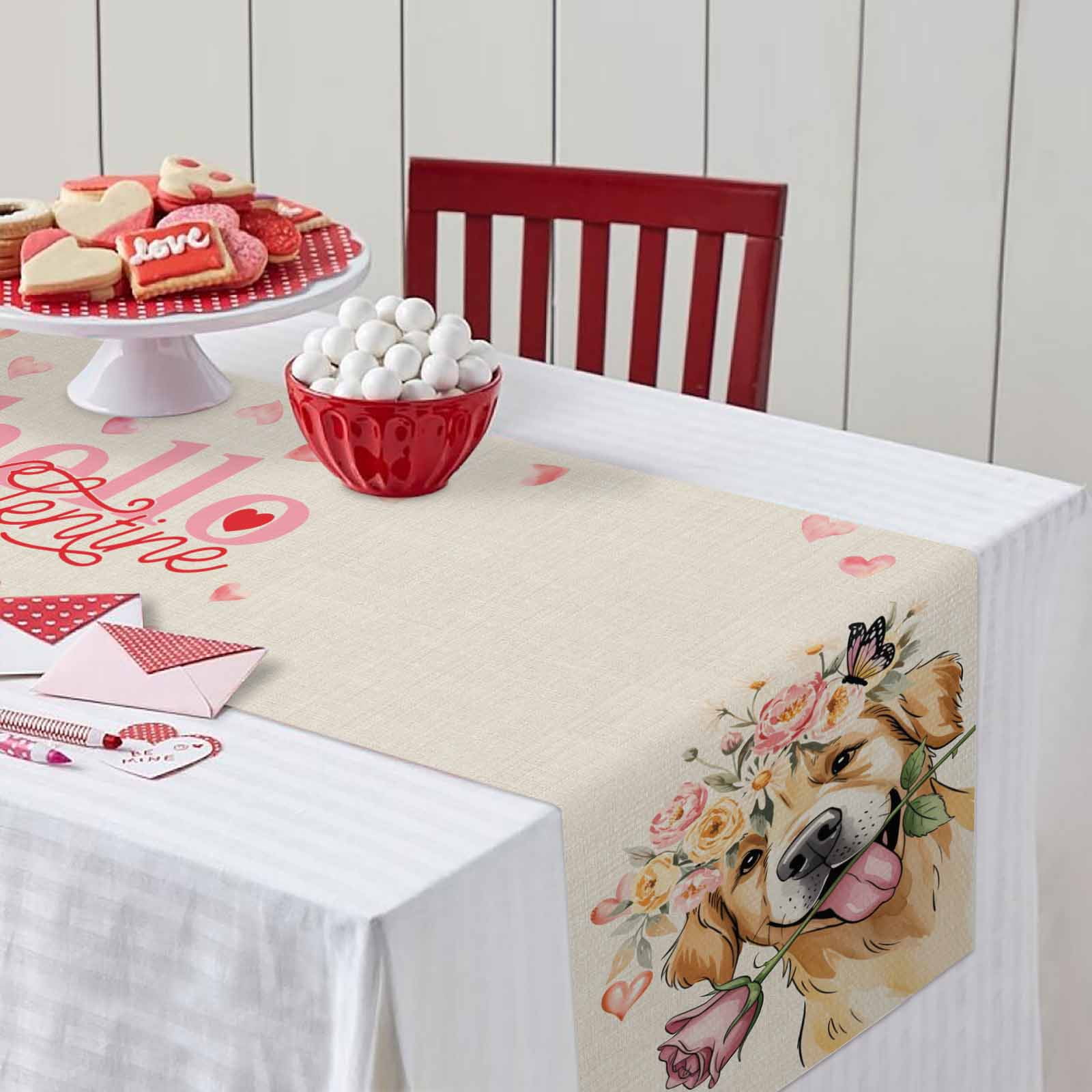 Valentine's Day Dog Table Runner, Rose Golden Retriever Red Love Heart Linen Texture Washable Cotton-linen Table Runners Dining Kitchen Decoration for Everyday Home Wedding Party Decor, 13 x 90 Inch