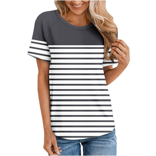 Fiudx Ofertas Del Día Top de Cuello Redondo de Manga Corta Insertado con Hombros Estampados Informales para Mujer a La Moda