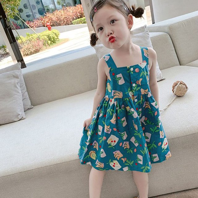 Gaun Musim Panas Anak Perempuan Gaun Kancing Kerah Persegi Suspender Pakaian Anak-anak Bayi Lucu Baru Musim Panas Gaya Korea zhangmengya LED