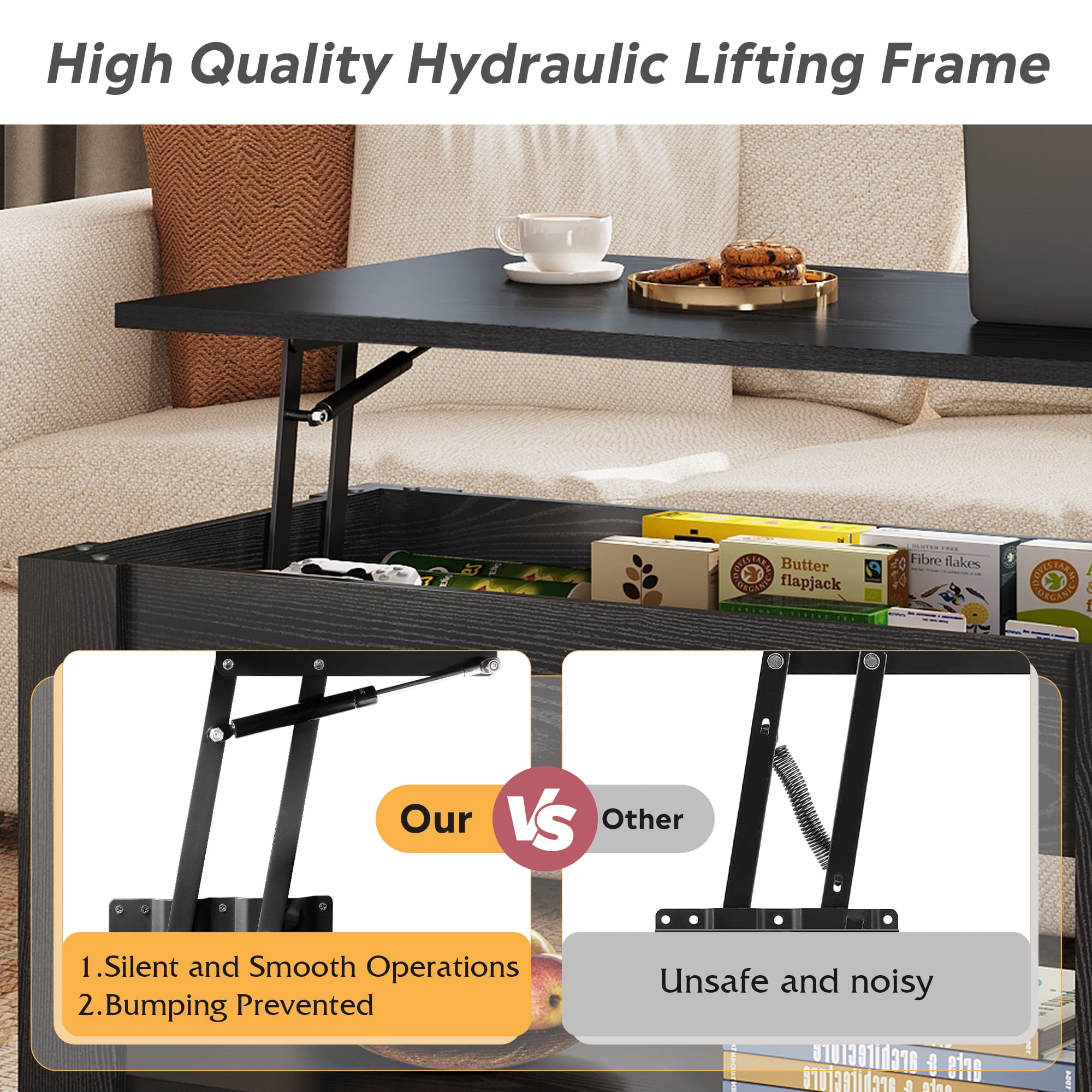 GALAXHERO 39" Lift Top Coffee Table with Storage Shelf & Hidden Compartment and Lifting Top for Home Living Room Office and Reception Room Black Oak